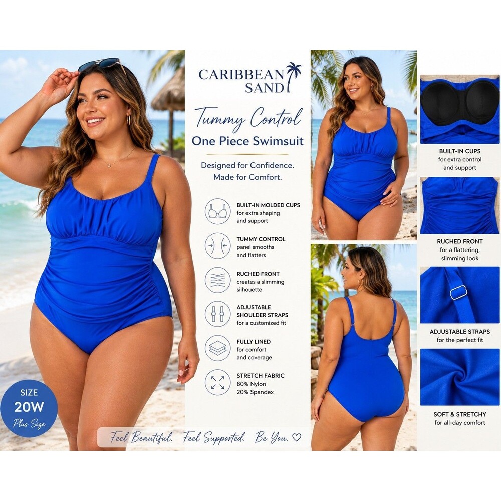 Caribbean Sand Women 20W Coastal Royal Blue Tummy Control One Piece Swimsuit